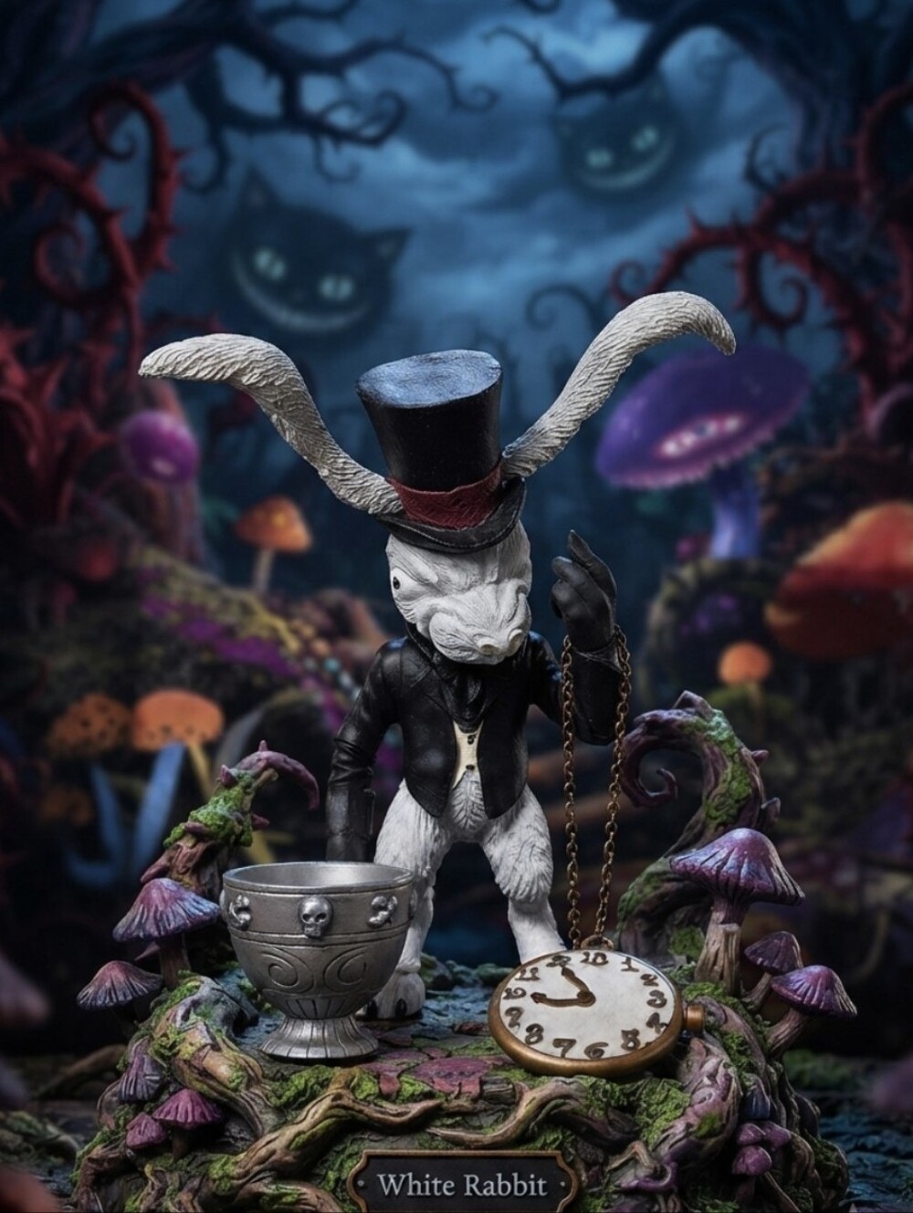 American McGee's Alice White Rabbit Figurine w/Top Hat & Pocket Watch Black Coat